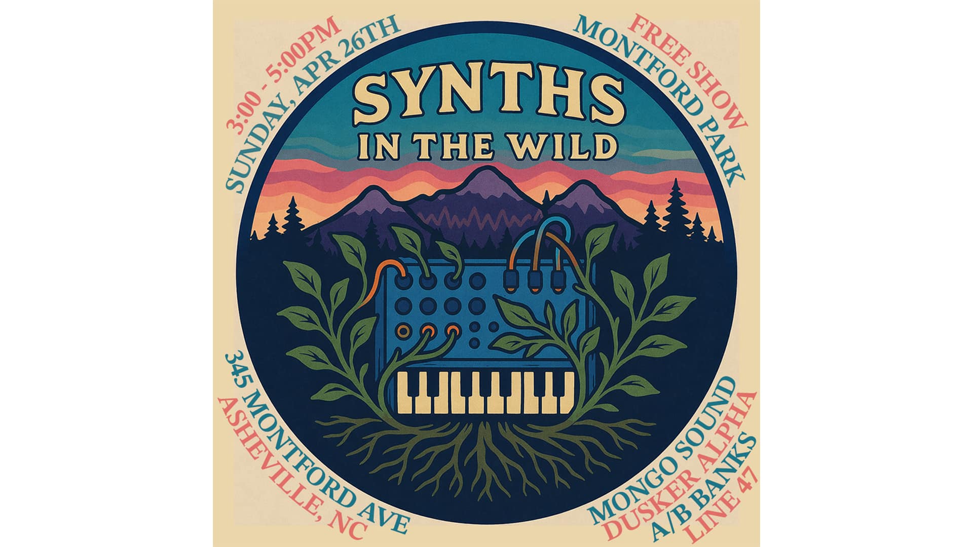 Synths in the Wild circle event poster in navy and coral tones, designed by Ben Schreiner of PumaPro Creative Media Studio