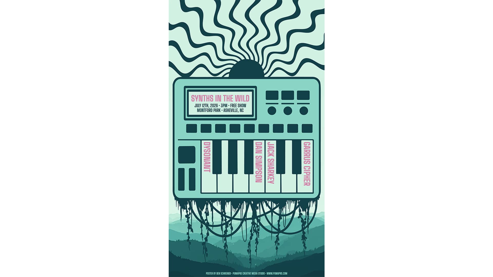 Synths in the Wild July 2026 floating synthesizer poster with psychedelic wavy signal lines above an Asheville mountain silhouette, designed by Ben Schreiner of PumaPro Creative Media Studio
